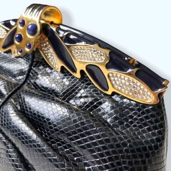 60s- 70s Finesse La Model Snakeskin Navy Blue Clutch Shoulder Bag Gold Hardware - Picture 14 of 15